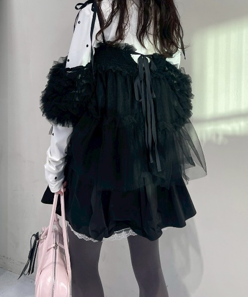 HONEY MI HONEY（ハニーミーハニー）の「taffeta layered drape mini skirt（スカート・レディース・ホワイト/ブラック/ピンク・FREE）」の9枚目の写真