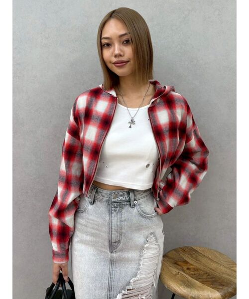 EVRIS（エヴリス）の「フードチェックショートシャツ（シャツ/ブラウス・レディース・レッド/ブラック・FREE）」の2枚目の写真