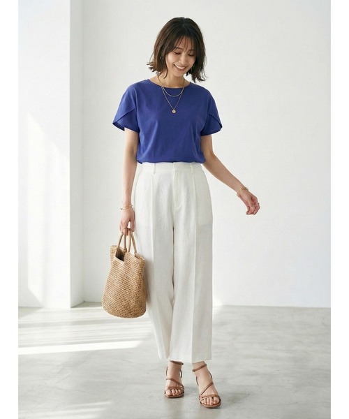 Belta attrice(ベルタアトリーチェ)の「チューリップ袖 フレアスリーブ Tシャツ カットソー シルケットコットン 半袖 上品 きれいめ フェミニン 大人可愛い(Tシャツ/カットソー・レディース・スモークピンク/ブルー/ネイビー/ホワイト・FREE)」の9枚目の写真