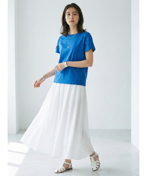Belta attrice(ベルタアトリーチェ)の「チューリップ袖 フレアスリーブ Tシャツ カットソー シルケットコットン 半袖 上品 きれいめ フェミニン 大人可愛い(Tシャツ/カットソー・レディース・スモークピンク/ブルー/ネイビー/ホワイト・FREE)」の7枚目の写真