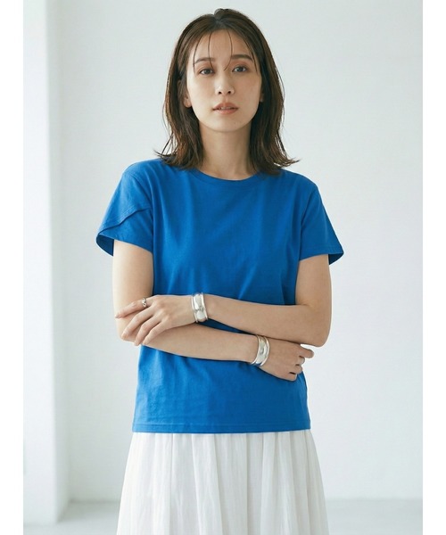 Belta attrice(ベルタアトリーチェ)の「チューリップ袖 フレアスリーブ Tシャツ カットソー シルケットコットン 半袖 上品 きれいめ フェミニン 大人可愛い(Tシャツ/カットソー・レディース・スモークピンク/ブルー/ネイビー/ホワイト・FREE)」の5枚目の写真