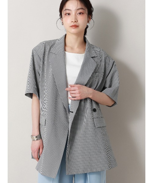 CIS.（シス）の「CIS. ダブルブレストジャケット 半袖 ウォッシャブル コットンサッカー ギンガムチェック（テーラードジャケット・レディース・ブルー/ブラック/ブラウン・36(7号)/38(9号)）」の2枚目の写真