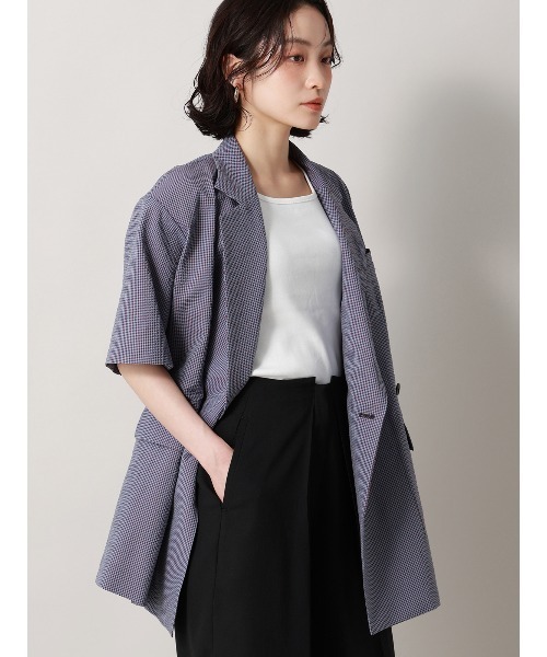 CIS.（シス）の「CIS. ダブルブレストジャケット 半袖 ウォッシャブル コットンサッカー ギンガムチェック（テーラードジャケット・レディース・ブルー/ブラック/ブラウン・36(7号)/38(9号)）」の4枚目の写真