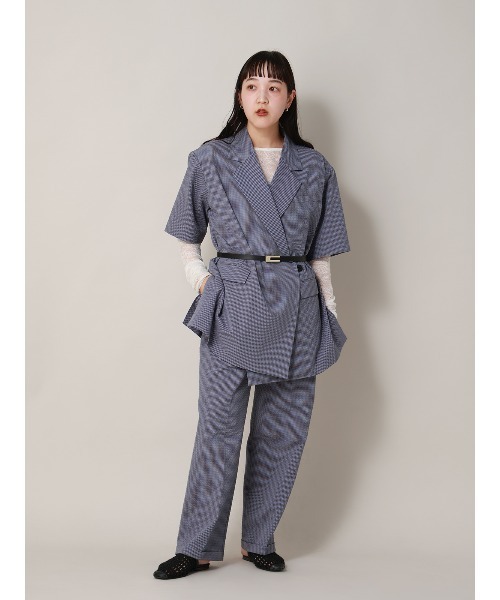 CIS.（シス）の「CIS. ダブルブレストジャケット 半袖 ウォッシャブル コットンサッカー ギンガムチェック（テーラードジャケット・レディース・ブルー/ブラック/ブラウン・36(7号)/38(9号)）」の8枚目の写真