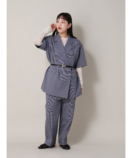 CIS.（シス）の「CIS. ダブルブレストジャケット 半袖 ウォッシャブル コットンサッカー ギンガムチェック（テーラードジャケット・レディース・ブルー/ブラック/ブラウン・36(7号)/38(9号)）」の9枚目の写真