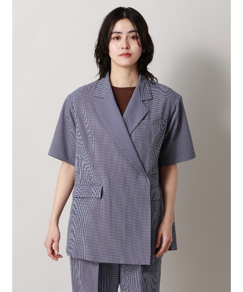 CIS.（シス）の「CIS. ダブルブレストジャケット 半袖 ウォッシャブル コットンサッカー ギンガムチェック（テーラードジャケット・レディース・ブルー/ブラック/ブラウン・36(7号)/38(9号)）」の12枚目の写真