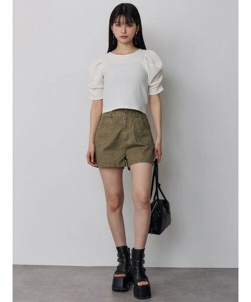 MURUA(ムルーア)の「シャーリングハーフトップス 夏服(Tシャツ/カットソー・レディース・ホワイト/ブラック・FREE)」の4枚目の写真