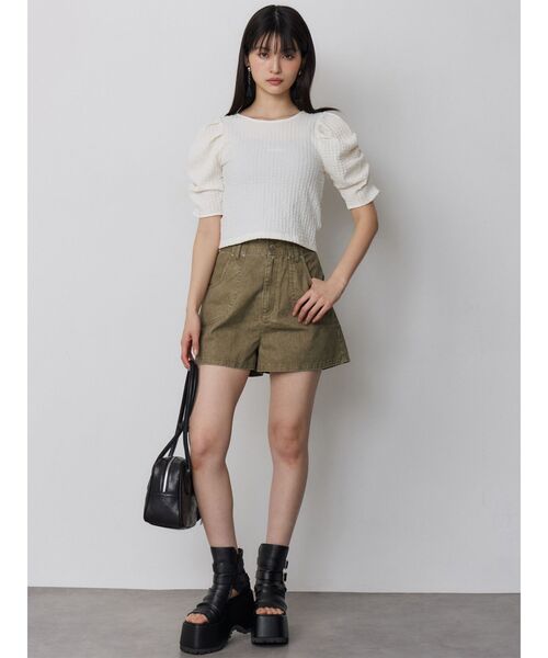 MURUA(ムルーア)の「シャーリングハーフトップス 夏服(Tシャツ/カットソー・レディース・ホワイト/ブラック・FREE)」の5枚目の写真