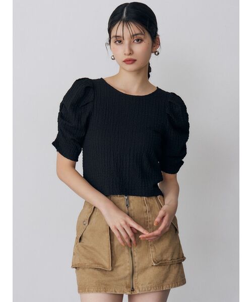 MURUA(ムルーア)の「シャーリングハーフトップス 夏服(Tシャツ/カットソー・レディース・ホワイト/ブラック・FREE)」の8枚目の写真