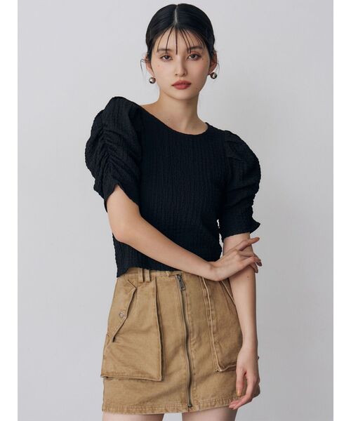 MURUA(ムルーア)の「シャーリングハーフトップス 夏服(Tシャツ/カットソー・レディース・ホワイト/ブラック・FREE)」の9枚目の写真