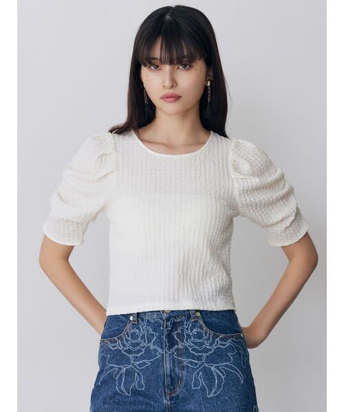 MURUA(ムルーア)の「シャーリングハーフトップス 夏服(Tシャツ/カットソー・レディース・ホワイト/ブラック・FREE)」の12枚目の写真