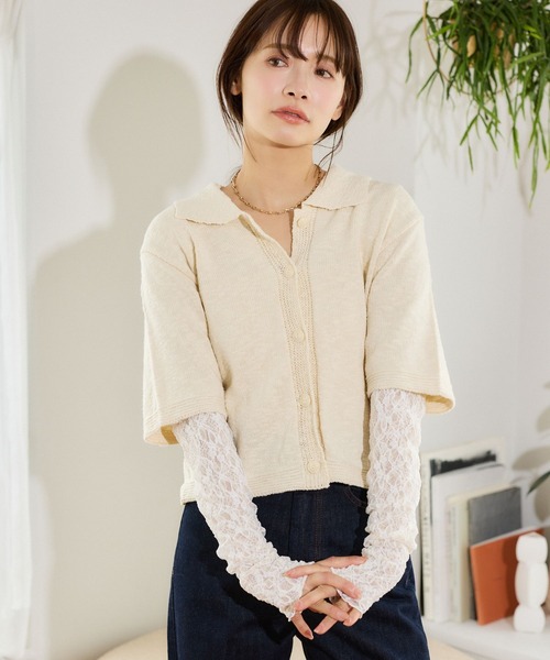 mysty woman（ミスティウーマン）の「スラブ襟付きカーディガンSS　666062（ポロシャツ・レディース・オレンジ/アイボリー/ブラック・FREE）」の2枚目の写真