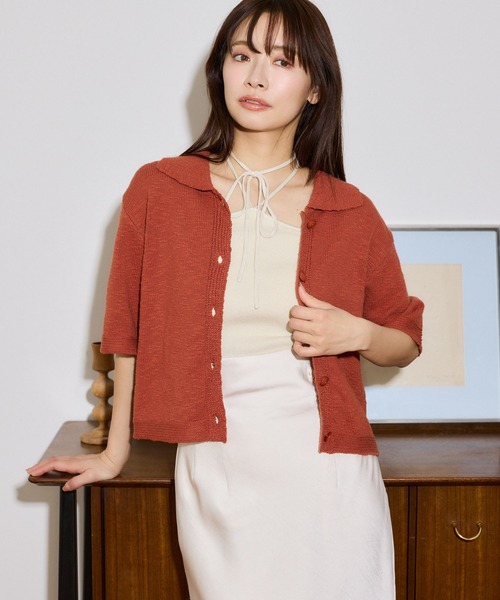 mysty woman（ミスティウーマン）の「スラブ襟付きカーディガンSS　666062（ポロシャツ・レディース・オレンジ/アイボリー/ブラック・FREE）」の5枚目の写真