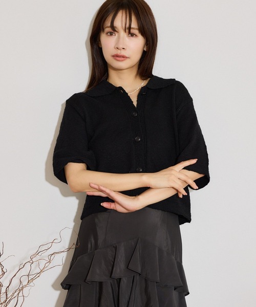 mysty woman（ミスティウーマン）の「スラブ襟付きカーディガンSS　666062（ポロシャツ・レディース・オレンジ/アイボリー/ブラック・FREE）」の7枚目の写真