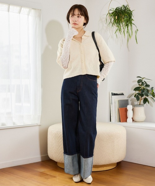 mysty woman（ミスティウーマン）の「スラブ襟付きカーディガンSS　666062（ポロシャツ・レディース・オレンジ/アイボリー/ブラック・FREE）」の9枚目の写真