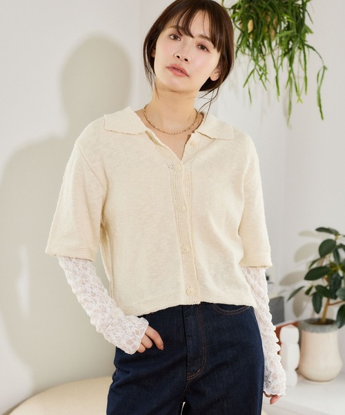 mysty woman（ミスティウーマン）の「スラブ襟付きカーディガンSS　666062（ポロシャツ・レディース・オレンジ/アイボリー/ブラック・FREE）」の10枚目の写真