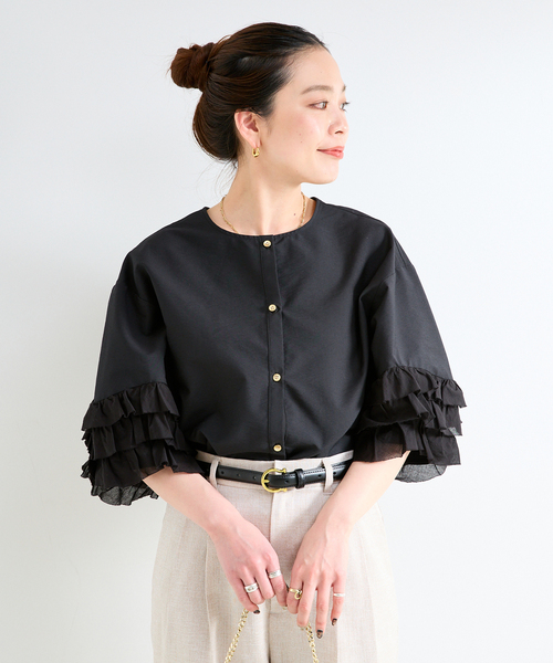 B.C STOCK（ベーセーストック）の「手洗い可 / UVcare / 接触冷感 / add Function フリル袖ブラウス（シャツ/ブラウス・レディース・ベージュ/ブラック/ホワイト・FREE）」の7枚目の写真