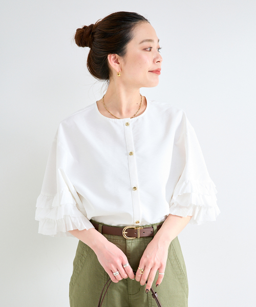 B.C STOCK（ベーセーストック）の「手洗い可 / UVcare / 接触冷感 / add Function フリル袖ブラウス（シャツ/ブラウス・レディース・ベージュ/ブラック/ホワイト・FREE）」の13枚目の写真