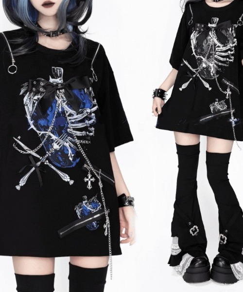 NOVESSEL(ノベセル)の「『AOSPACE/アオスペース』ショルダーZIPイチゴプリントTシャツ(Tシャツ/カットソー・レディース・ブラック×ブルー/ブラック×グレー・FREE)」の5枚目の写真