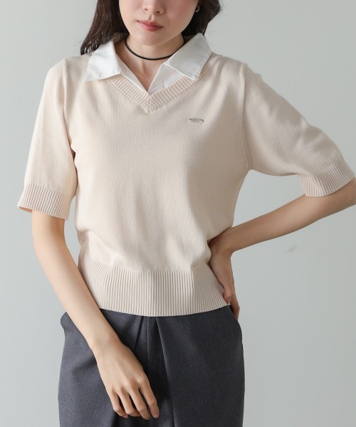 Bab(バブ)の「シャツレイヤードライクサマーニットトップス(Tシャツ/カットソー・レディース・アイボリー/グレー/ピンク・FREE)」の2枚目の写真