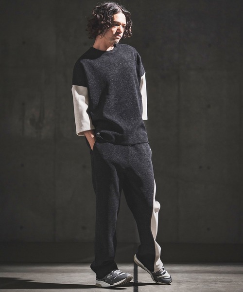 GLIMCLAP（グリムクラップ）の「mp14933- Melange Rib-Bonded Semi-Flare Pants カットソーパンツ(202-057-gls-cg)（その他パンツ・メンズ・ブラック×ホワイト/オフホワイト/ホワイト×ブラック/ブラック・S/M/L）」の16枚目の写真
