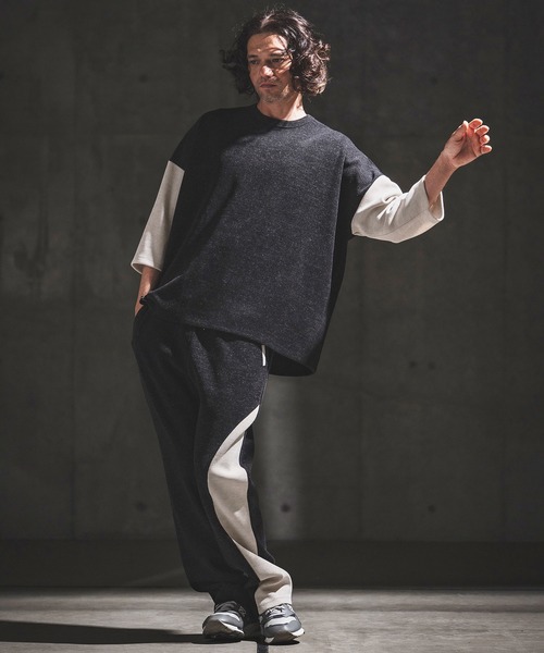 GLIMCLAP（グリムクラップ）の「mp14933- Melange Rib-Bonded Semi-Flare Pants カットソーパンツ(202-057-gls-cg)（その他パンツ・メンズ・ブラック×ホワイト/オフホワイト/ホワイト×ブラック/ブラック・S/M/L）」の18枚目の写真