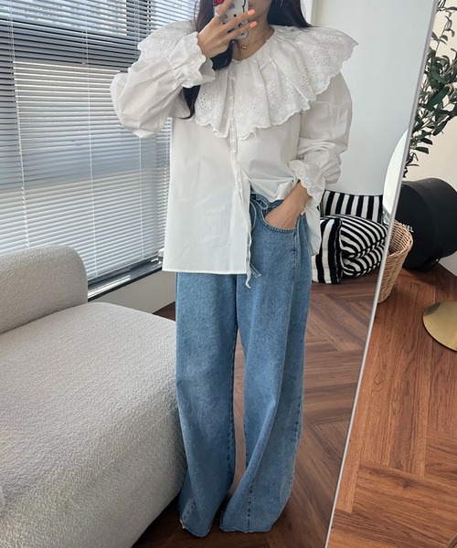 Girly Doll（ガーリードール）の「ハイウエストワイドデニムパンツ（デニムパンツ・レディース・ライトブルー/ブラック/ホワイト/ネイビー・FREE）」の11枚目の写真