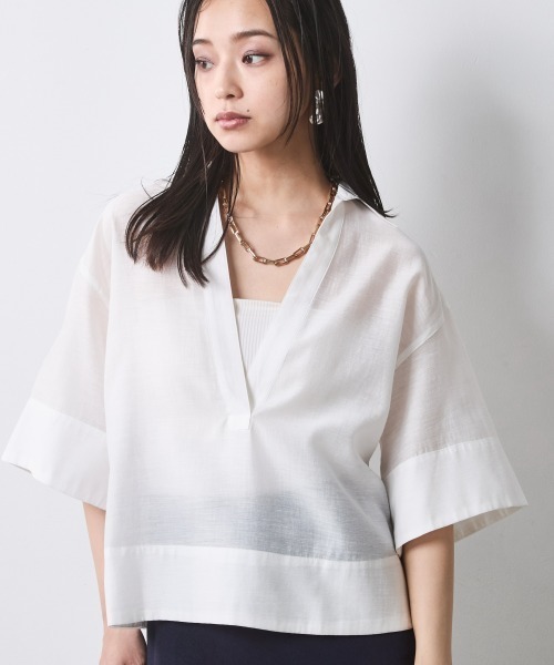 CHIC STYLE(シックスタイル)の「シアー素材ワイドスリーブシャツ<大きいサイズ有>シックスタイル(シャツ/ブラウス・レディース・オフホワイト/ネイビー・4L/5L/3L/LL/L/M)」の1枚目の写真