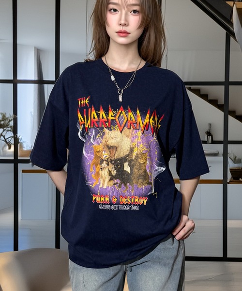 Candlestick(キャンドルスティック)の「キャット ツアー グラフィック オーバーサイズ 半袖 Tシャツ 韓国ストリート(Tシャツ/カットソー・レディース・ブラック/スミクロ/モカ/ネイビー・M/L)」の4枚目の写真