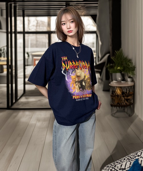Candlestick(キャンドルスティック)の「キャット ツアー グラフィック オーバーサイズ 半袖 Tシャツ 韓国ストリート(Tシャツ/カットソー・レディース・ブラック/スミクロ/モカ/ネイビー・M/L)」の17枚目の写真