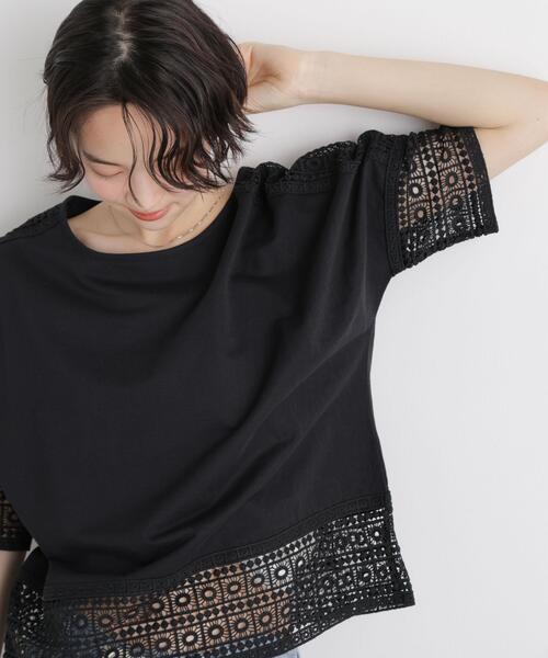 NANO universe(ナノユニバース)の「レースコンビドルマンカットトップス(Tシャツ/カットソー・レディース・ブラック/ホワイト/ライトブラウン・FREE)」の1枚目の写真