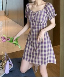 パフスリーブ半袖チェックミニワンピース