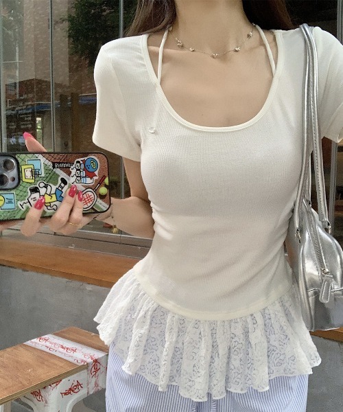 AMAJI(アマジ)の「ホルターネック スクエアネック レース 半袖Tシャツ(シャツ/ブラウス・レディース・グレー/ホワイト・LARGE/X-LARGE/SMALL/MEDIUM)」の5枚目の写真