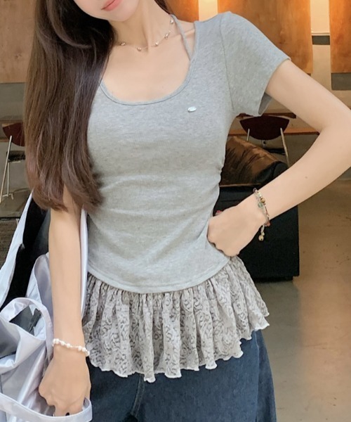 AMAJI(アマジ)の「ホルターネック スクエアネック レース 半袖Tシャツ(シャツ/ブラウス・レディース・グレー/ホワイト・LARGE/X-LARGE/SMALL/MEDIUM)」の8枚目の写真