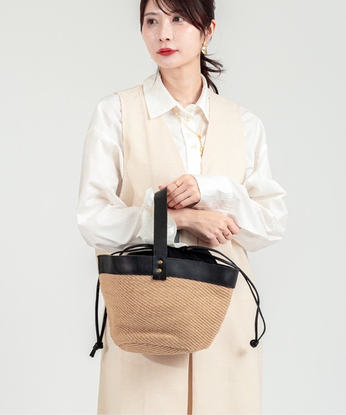 TARANGO(タランゴ)の「【TARANGO】麻ジュート×本革バッグ ワンショルダーバッグ 巾着バッグ(かごバッグ・レディース・ナチュラル・FREE)」の7枚目の写真