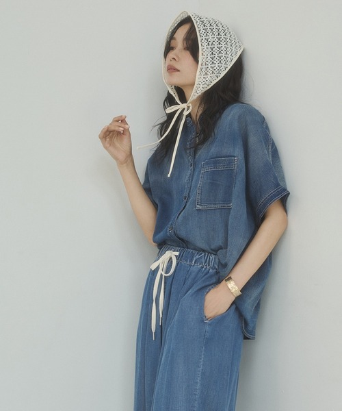 hunch(ハンチ)の「シアーデニム オーバー半袖シャツ(シャツ/ブラウス・レディース・ダークグレー/ライトブルー/ブルー・FREE)」の13枚目の写真