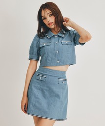 ラインテープストライプジャケット×ミニスカートセットアップ