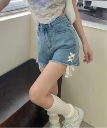レースアップフリンジデニムショートパンツ