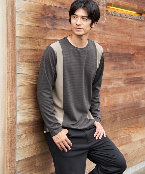 ikka(イッカ)の「ダブルフェイスリップル切替ロンT(Tシャツ/カットソー・メンズ・ベージュ/ブラック/ホワイト/カーキ/ネイビー・M/L/XL)」の1枚目の写真