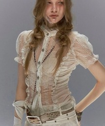 【Cest Nous】Polka dot embroidered shirt / 【セヌー】シースルードットレース半袖チュールブラウス