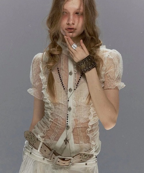 Cest Nous(セヌー)の「【Cest Nous】Polka dot embroidered shirt / 【セヌー】シースルードットレース半袖チュールブラウス(シャツ/ブラウス・レディース・ホワイト・S/M)」の6枚目の写真