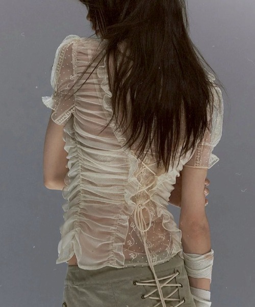 Cest Nous(セヌー)の「【Cest Nous】Polka dot embroidered shirt / 【セヌー】シースルードットレース半袖チュールブラウス(シャツ/ブラウス・レディース・ホワイト・S/M)」の5枚目の写真