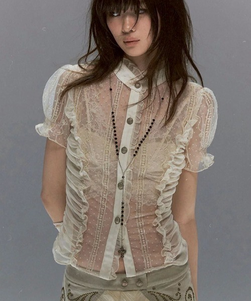 Cest Nous(セヌー)の「【Cest Nous】Polka dot embroidered shirt / 【セヌー】シースルードットレース半袖チュールブラウス(シャツ/ブラウス・レディース・ホワイト・S/M)」の3枚目の写真