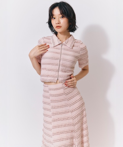 REDYAZEL(レディアゼル)の「ボーダーレースZIPジャケット×レースアップフレアロングスカートセットアップ(セットアップ・レディース・オフホワイト/ピンク/ブラウン系その他・FREE)」の9枚目の写真