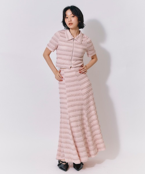 REDYAZEL(レディアゼル)の「ボーダーレースZIPジャケット×レースアップフレアロングスカートセットアップ(セットアップ・レディース・オフホワイト/ピンク/ブラウン系その他・FREE)」の10枚目の写真