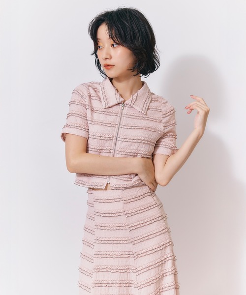 REDYAZEL(レディアゼル)の「ボーダーレースZIPジャケット×レースアップフレアロングスカートセットアップ(セットアップ・レディース・オフホワイト/ピンク/ブラウン系その他・FREE)」の11枚目の写真