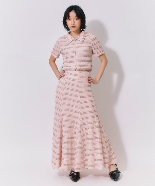 REDYAZEL(レディアゼル)の「ボーダーレースZIPジャケット×レースアップフレアロングスカートセットアップ(セットアップ・レディース・オフホワイト/ピンク/ブラウン系その他・FREE)」の12枚目の写真