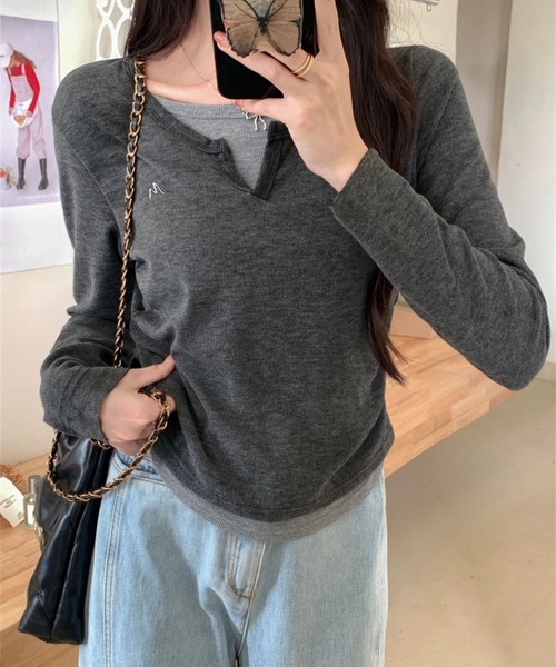 SHEPP(シープ)の「【26年秋冬新作】ワンポイント刺繍 フェイクレイヤード キーネック 長袖 トップス(Tシャツ/カットソー・レディース・アイボリー/ブラック/グレー・M)」の20枚目の写真