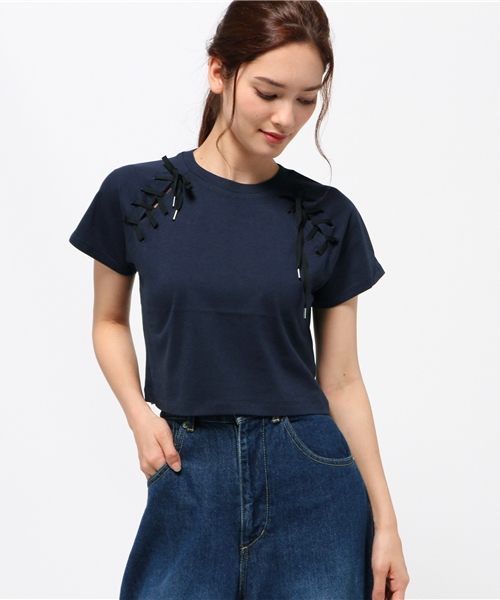 SLY（スライ）の「SHOULDER LACE UP T/SH（Tシャツ/カットソー・レディース・ワインレッド/ネイビー/ホワイト・1/2）」の3枚目の写真
