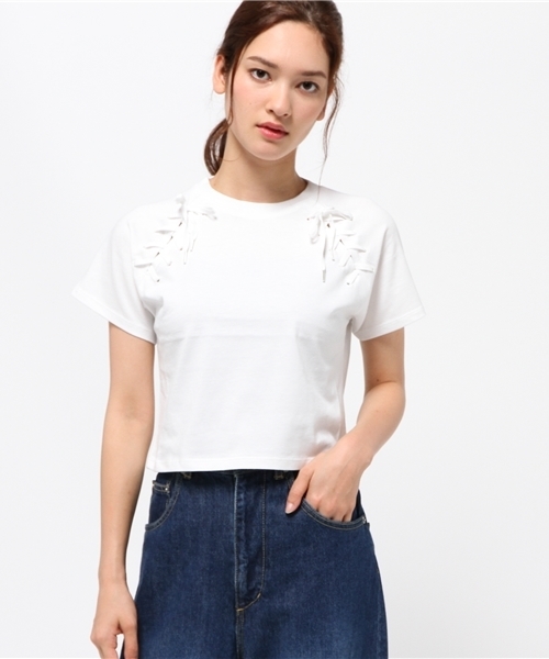 SLY（スライ）の「SHOULDER LACE UP T/SH（Tシャツ/カットソー・レディース・ワインレッド/ネイビー/ホワイト・1/2）」の2枚目の写真